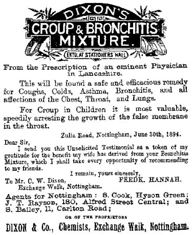 Advertisement for Dixon's Croup and Bronchitis Mixture